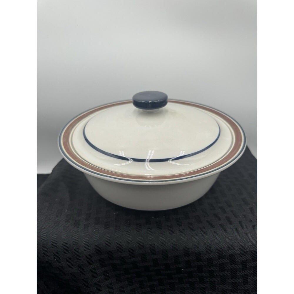 Salem Stoneware Georgetown Blue Brown Bands Covered Casserole With Lid Vintage